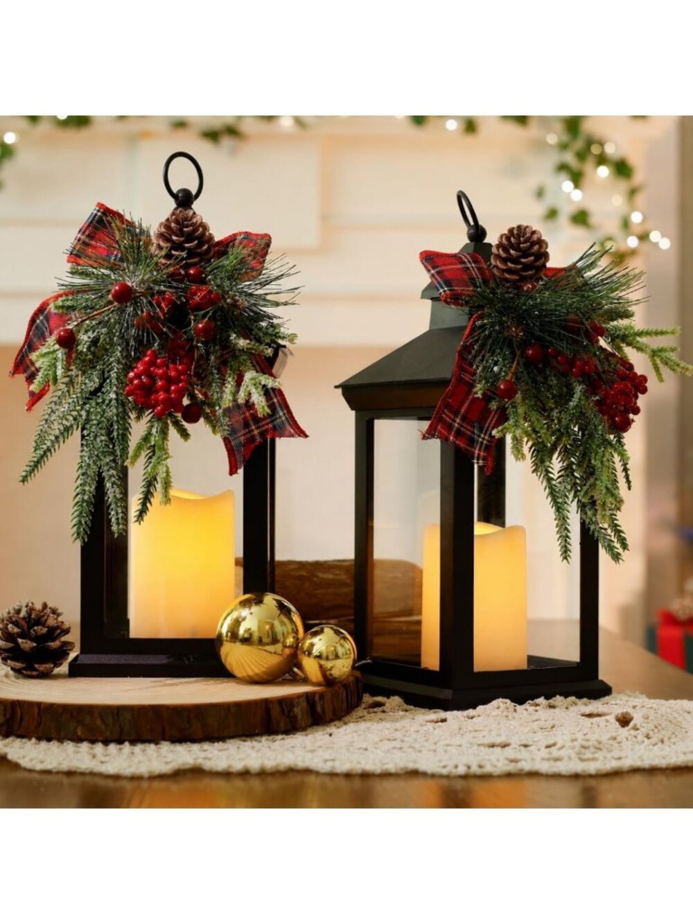 Set of 2 Christmas Lanterns - 14” Decorative Holiday Porch Decor for Festive